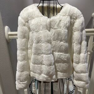 Calvin Klein Off White Faux Fur Open Shrug